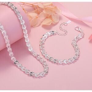 925 Silver Color 18" Necklace & 8" Bracelet Set Sparkle Mesh Chain fashion jewel